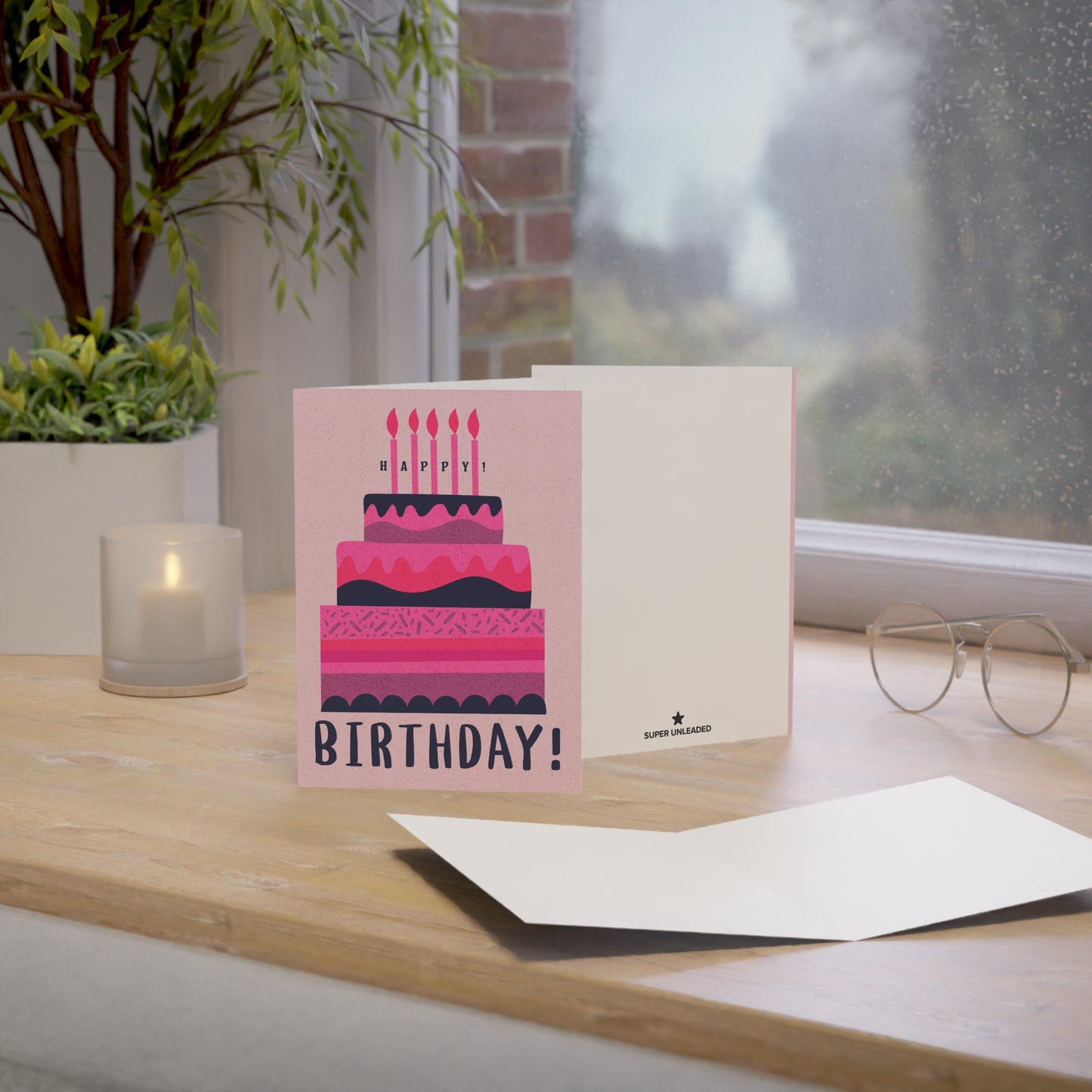 Pink & Purple Happy Birthday Cake w Slight Color Dust — Blank Cards (Set of 10)
