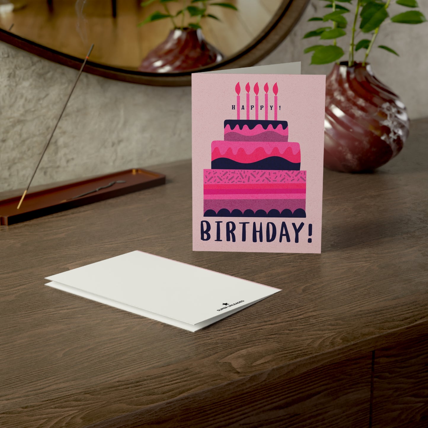 Pink & Purple Happy Birthday Cake w Slight Color Dust — Blank Cards (Set of 10)