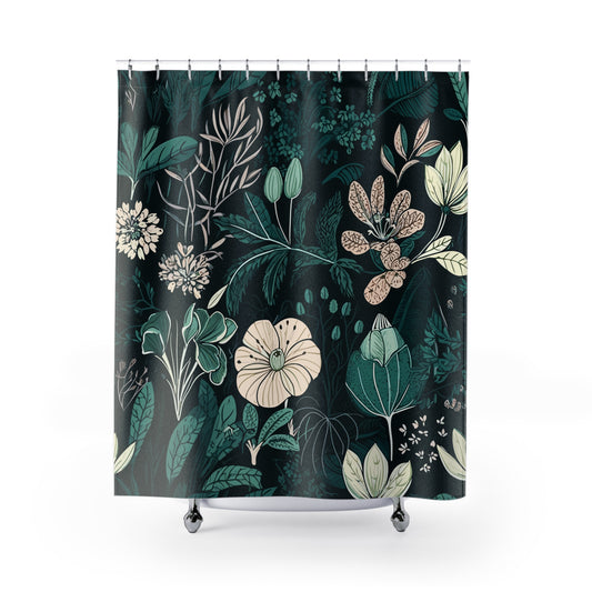 Dark Green Floral Shower Curtain