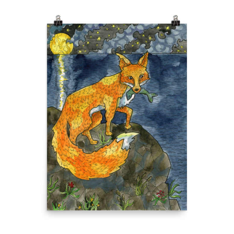 Fox with Fish on a Cliff