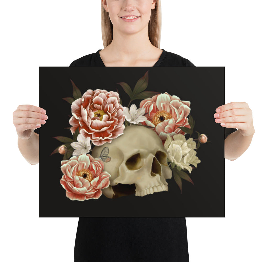 Skull with Peonies Poster