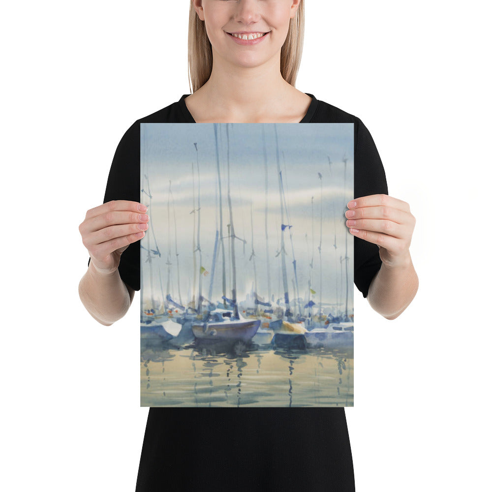 Boats in the Harbor Watercolor Print