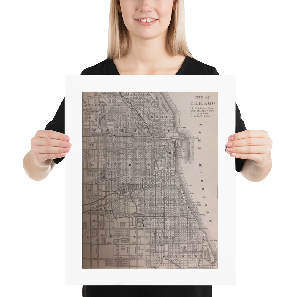Antique Illustration Map of City of Chicago Illinois