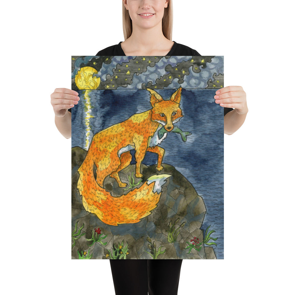 Fox with Fish on a Cliff
