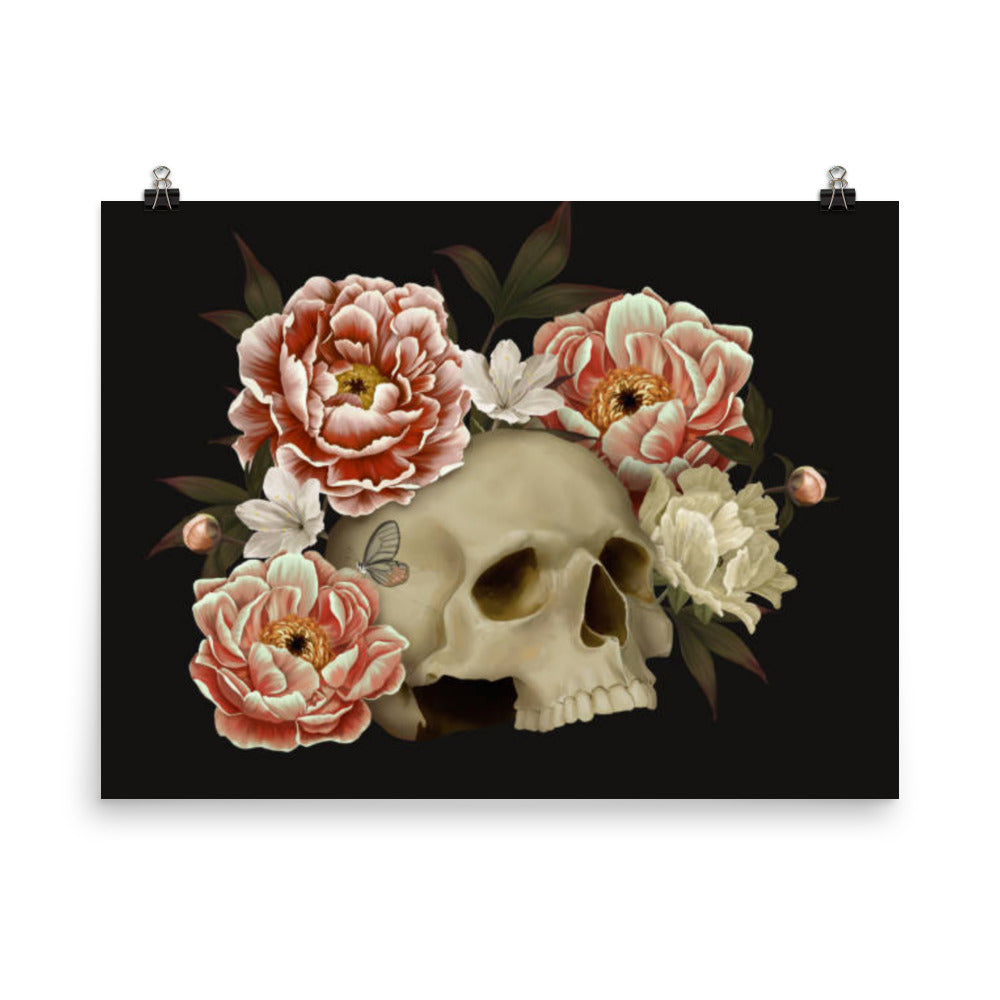 Skull with Peonies Poster